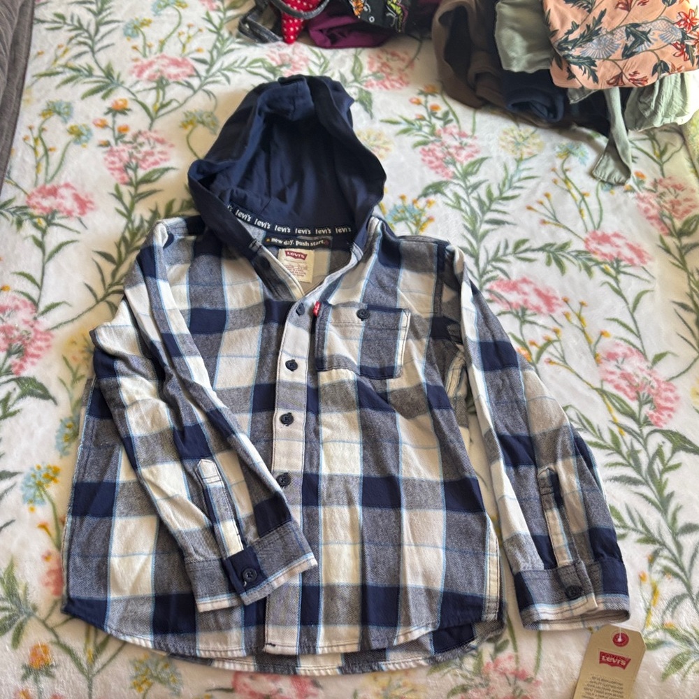 Levi's Kids Navy and White Plaid Hooded Shirt